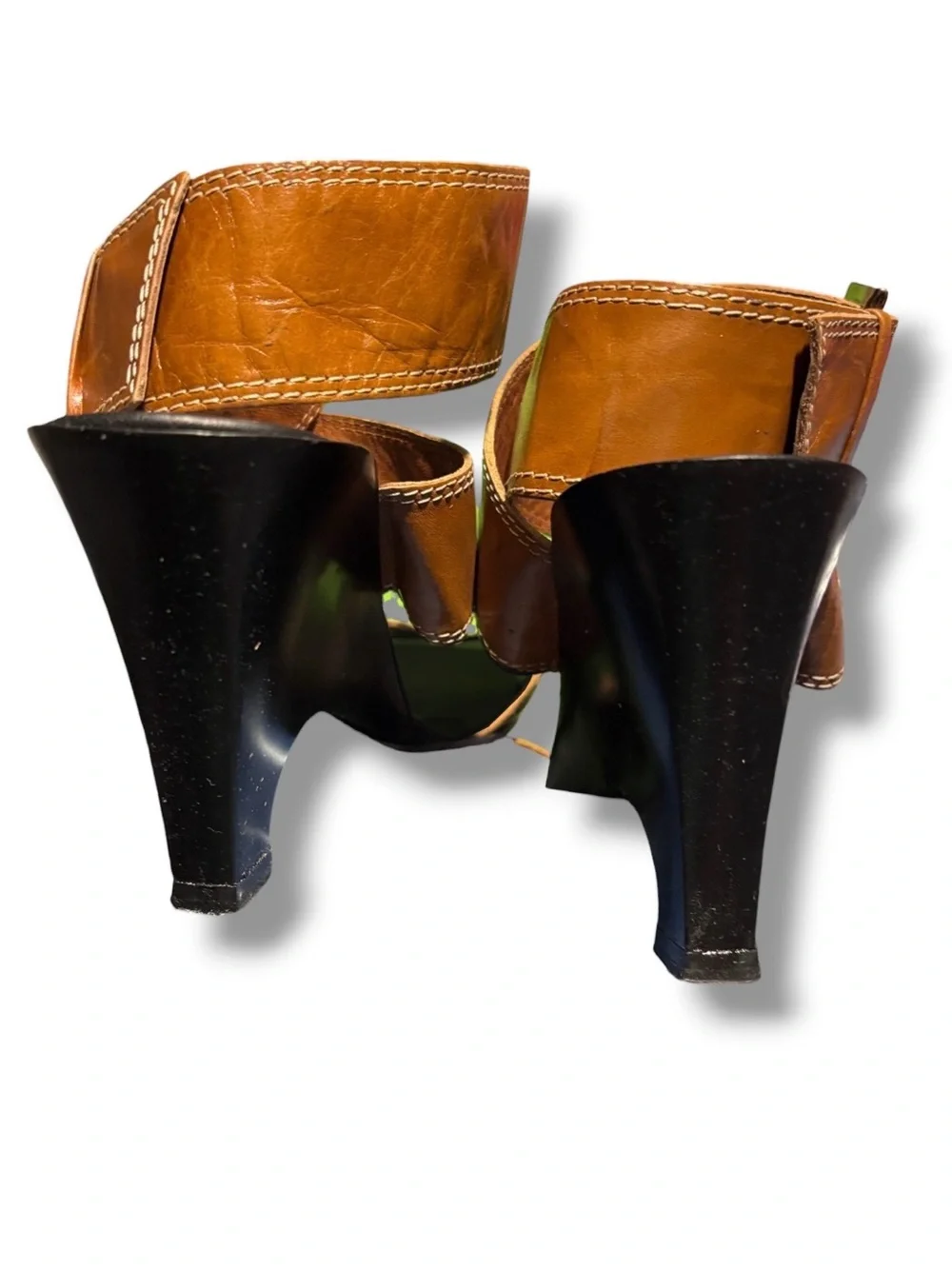 ANNE KLEIN Brown Wide Leather Ankle Wrap Wedges Contrast Stitching